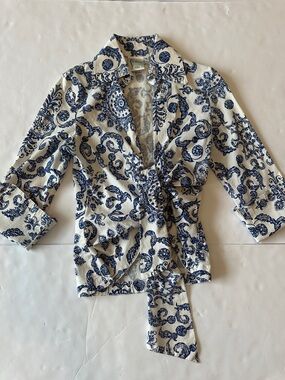 Finley Mediterranean Navy White Small Paisley Wrap-Waist Collar Blouse